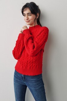 Červená - Pletený svetr s copánkovým vzorem (A28257) | 890 Kč