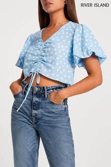 River Island Blue Short Sleeve Spot Ruched Front Top (A29904) | €16