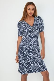 أزرق كحلي زهور - Short Sleeve Mini Tea Summer Dress (A31679) | 105 ر.ق