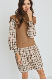 Cuadros marrón chocolate - Vestido de manga larga con chaleco de cuello vuelto (A32307) | 40 €