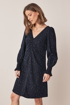 Black Floral Print TENCEL™ Long Sleeve Tea Dress (A33288) | $53