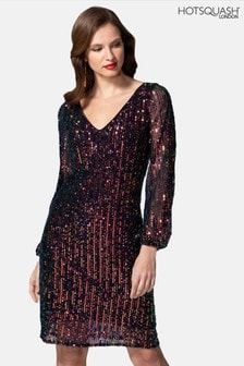 Czarna sukienka HotSquash z dekoltem w szpic bogato zdobiona cekinami (A33904) | 538 zł