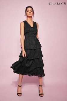 Glamour Black Jacquard Tiered Midi Dress (A34347) | ₪ 289