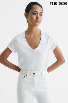 Weiß - Reiss Luana Jersey-T-Shirt aus Baumwolle mit V-Ausschnitt (A34571) | 55 €