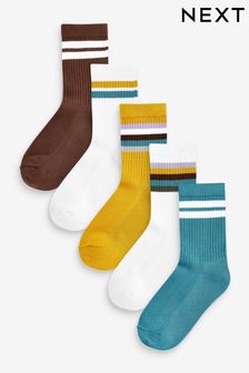 Yellow Ochre/Brown/Blue 5 Pack Cotton Rich Ribbed Socks (A36906) | ₪ 26 - ₪ 37
