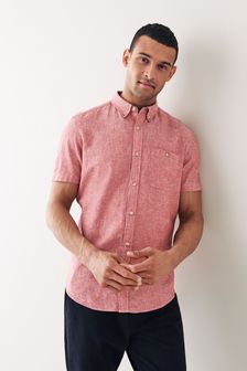 Red - Regular Fit - Cotton Linen Blend Short Sleeve Shirt (A36913) | kr324