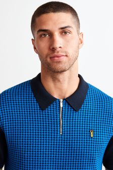 Navy Blue Dogtooth Knitted Polo Shirt (A37227) | $48