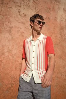 Red/White Stripe Knitted Button Through Polo Shirt (A37244) | $48