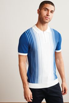 Ecru White/Blue Ombre Stripe Knitted Polo Shirt (A37245) | CA$63