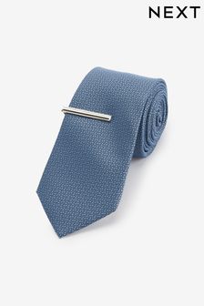 Blue Slim Textured Tie And Clip (A37686) | kr162