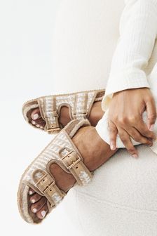 White/Oatmeal Neutral Textured Slider Slippers (A37723) | 635 UAH