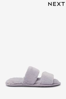Grau - Hausschuhe aus recyceltem Fellimitat mit zwei Riemen (A37726) | 18 €