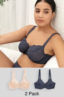 Neutral Cream/Navy Blue DD+ Non Pad Balcony Lace Bras 2 Pack (A38263) | OMR13