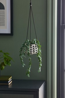 Green Artificial Trailing Plant In Hanging Black/White Pot (A40256) | kr222