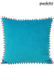 Riva Paoletti Teal Blue/Coral Pink Velvet Pom Pom Polyester Filled Cushion (A40576) | 121 SAR