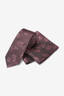 Burgundy Red Floral Slim Tie And Pocket Square Set (A40865) | 26 €