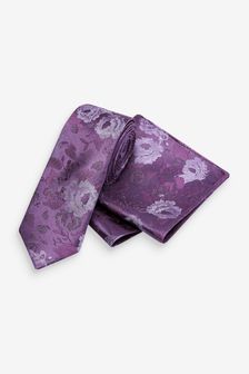 Blumenmuster in Violett - Set aus Krawatte und quadratischem Einstecktuch (A40872) | 10 €