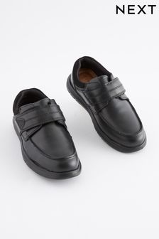 Black Standard Fit (F) Flexible Sole Strap Touch Fasten Leather Shoes (A40959) | €25 - €30
