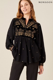 Monsoon Black Hally Embroidered Velvet Trim with Sustainable Viscose Top (A41475) | 42 €