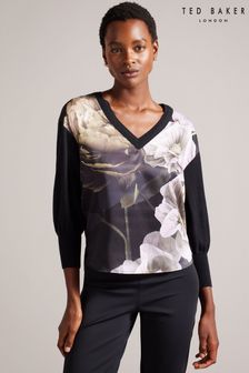 Ted Baker Hanalyy V-Neck Printed Woven Front Black Sweater (A43502) | €65