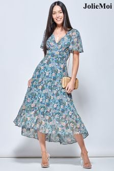 Jolie Moi Blue Pleated Chiffon High Low Maxi Dress (A43833) | €101