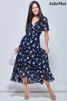 Jolie Moi藍色打褶雪紡高低襬長洋裝 (A44031) | NT$3,680