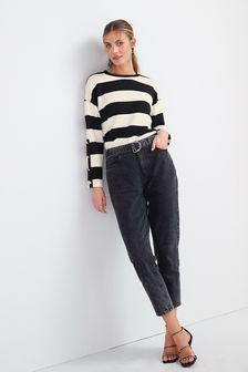 Washed Black Belted Mom Jeans (A44313) | CA$78
