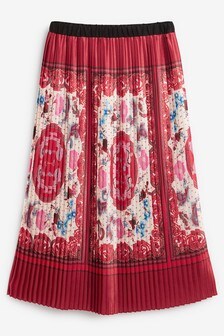Red Scarf Print Pleated Satin Skirt (A45341) | €81