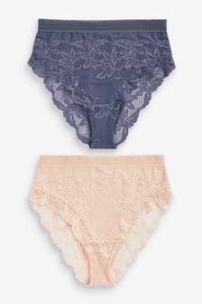 Navy Blue/Pink High Rise High Leg Lace Knickers 2 Pack (A45893) | €14
