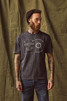 Black Charcoal Wash Records Regular Fit Graphic T-Shirt (A46173) | 20 €
