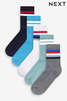 Blue/Grey Striped 5 Pack Cotton Rich Ribbed Socks (A46190) | ₪ 31 - ₪ 43