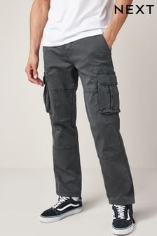 Charcoal Grey Straight Fit Authentic Stretch Cotton Blend Cargo Trousers (A46451) | TRY 401