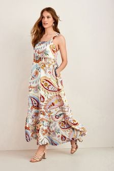 Crema floral - Vestido a media pierna con diseño a capas de algodón (A46803) | 58 €