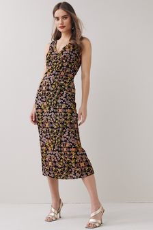 Black Floral Satin V-Neck Dress (A46805) | $58