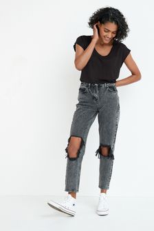 Black Acid Wash Ripped Mom Jeans (A47081) | €39