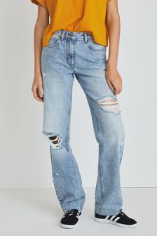Умеренный синий с прорехами - Прямые джинсы свободного кроя в винтажном стиле (A47093) | €34