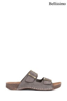 Bellissimo Ladies Grey Leather Double Buckle Mule Sandals (A48292) | $63
