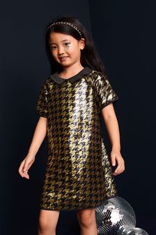 Black/Gold Check Sequin Dress (3-16yrs) (A49421) | 129 zł - 146 zł