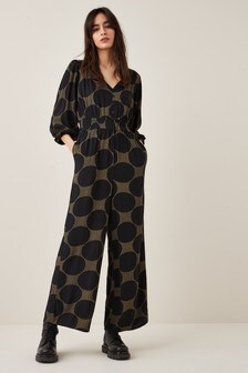 Black Circle Print Shirred Waist Jumpsuit (A50199) | kr428