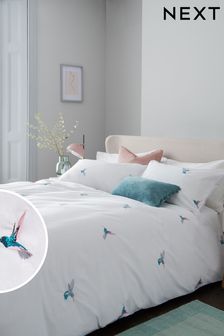 White With Hummingbird Embroidered Duvet Cover and Pillowcase Set