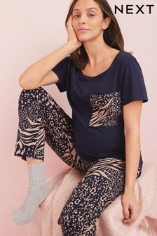 Marineblau/Animal - Kurzärmeliger Pyjama aus Baumwolle (Umstandsmode) (A53846) | 26 €