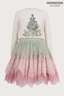 Monsoon Langärmeliges Disco-Kleid mit Weihnachtsbaumprint, Natur (A56155) | 51 € - 58 €