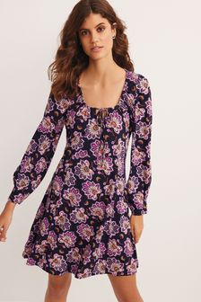 Purple Floral Long Sleeve Mini Tea Dress (A56694) | $33