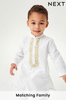 White/Gold Regular Length Embroidered Boys Kurta (3mths-7yrs) (A56702) | €14 - €18