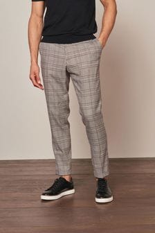 Taupe Brown Check Slim Tapered Trimmed Check Trousers (A56895) | €11