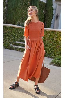 Rust Brown Shirred Jersey Midi Dress (A57147) | $53