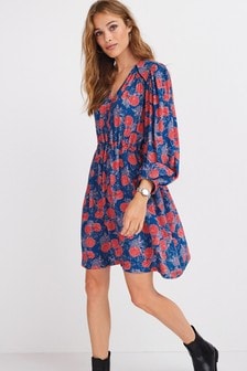 Синий/красный с цветочным принтом - Платье мини с контрастной окантовкой (A57285) | 954 грн