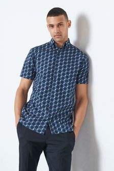 Blue Navy Geometric Print Regular Fit Short Sleeve Trimmed Shirt (A57914) | 20 €
