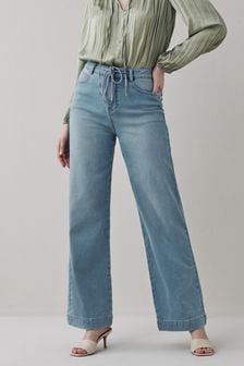 Mid Blue - Cosy Feel Soft Stretch Jersey Denim Wide Leg Jeans (A57938) | kr357