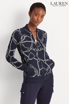 Lauren Ralph Lauren Navy Blue Puinet Belt Print Zip Sweatshirt